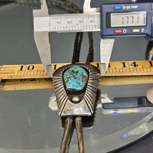 Navajo Turquoise Sterling Bolo Tie Heavy Native American Hallmarked ? Read - Picture 12 of 14